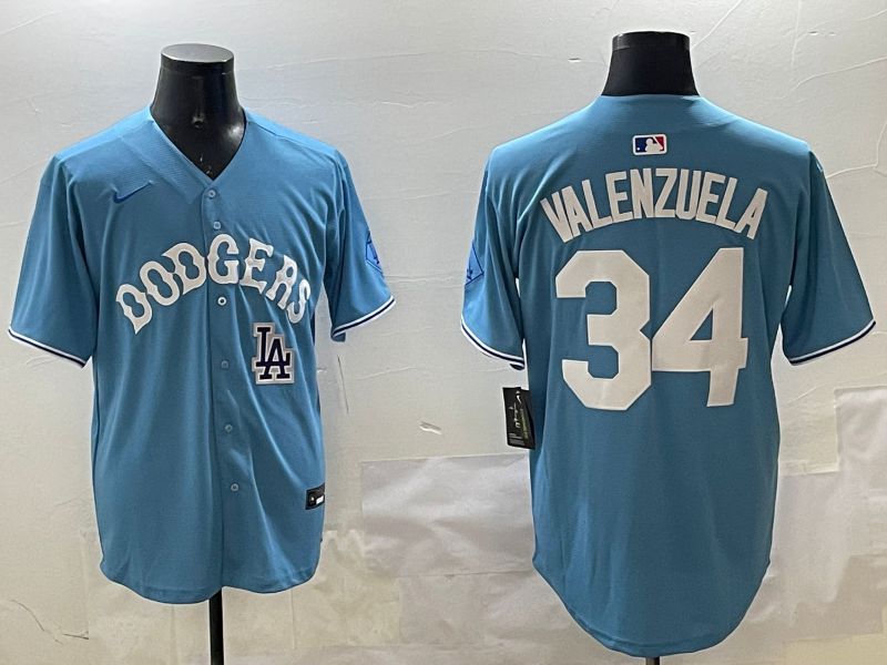 Men Los Angeles Dodgers 34 Valenzuela Light Blue Joint Name 2025 Nike MLB Jersey style 31611